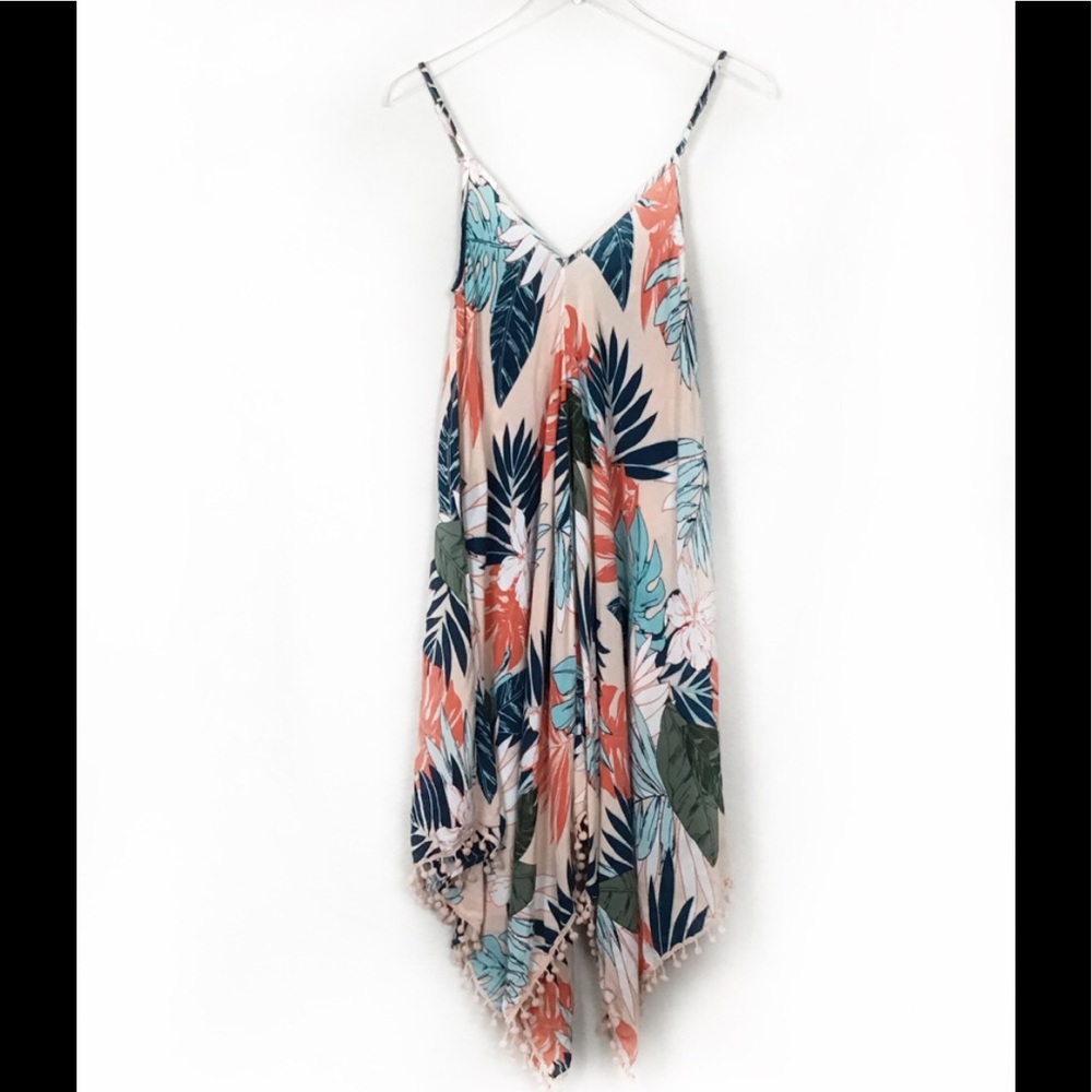 Handkerchief Hem V Neck Maxi Dress w/Pom Pom trim